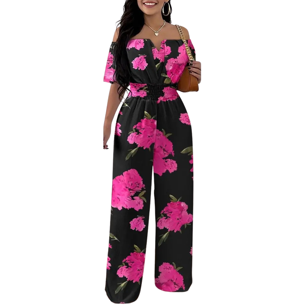 Muoti Tulosta Off-olkapää Smocked Vyötärö Jumpsuit