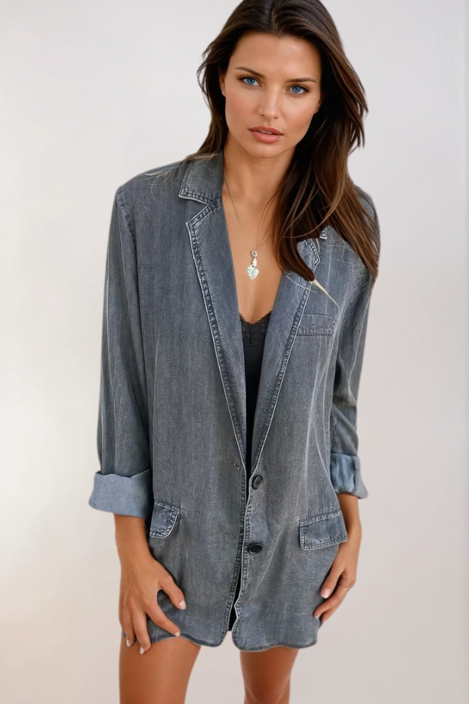 Naisten Denim Blazer Rennot Muotoilu Pehmeä Denim