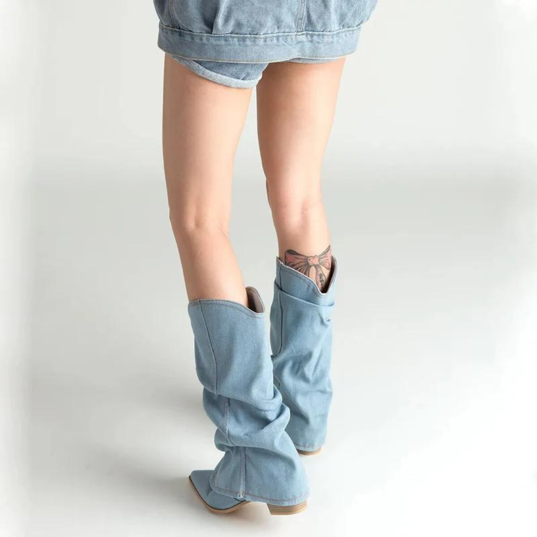 Naisten Denim Saappaat | Block Heels | Rento Western-Tyyli | Nilkkapituus ja Leveä Varsi