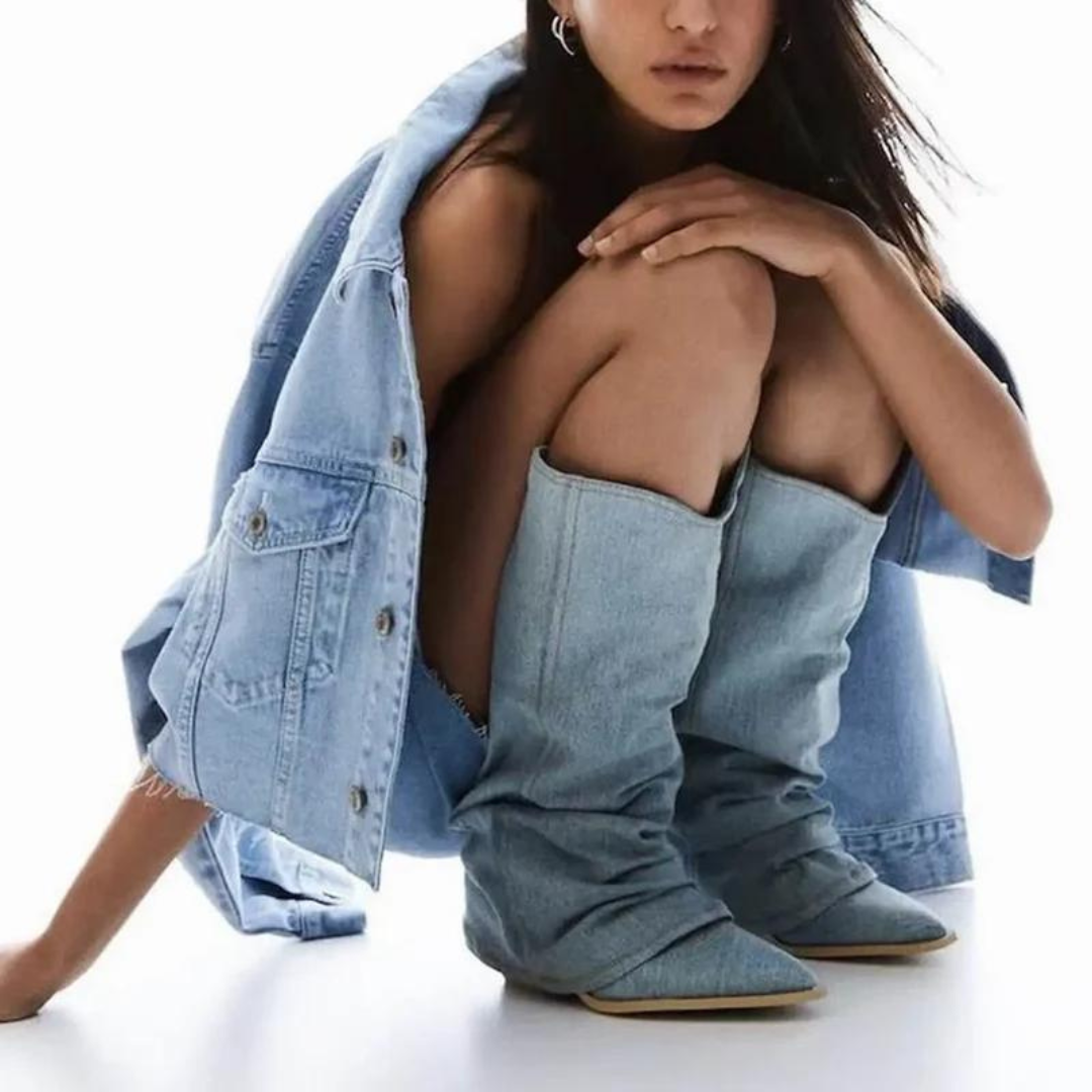 Naisten Denim Saappaat | Block Heels | Rento Western-Tyyli | Nilkkapituus ja Leveä Varsi