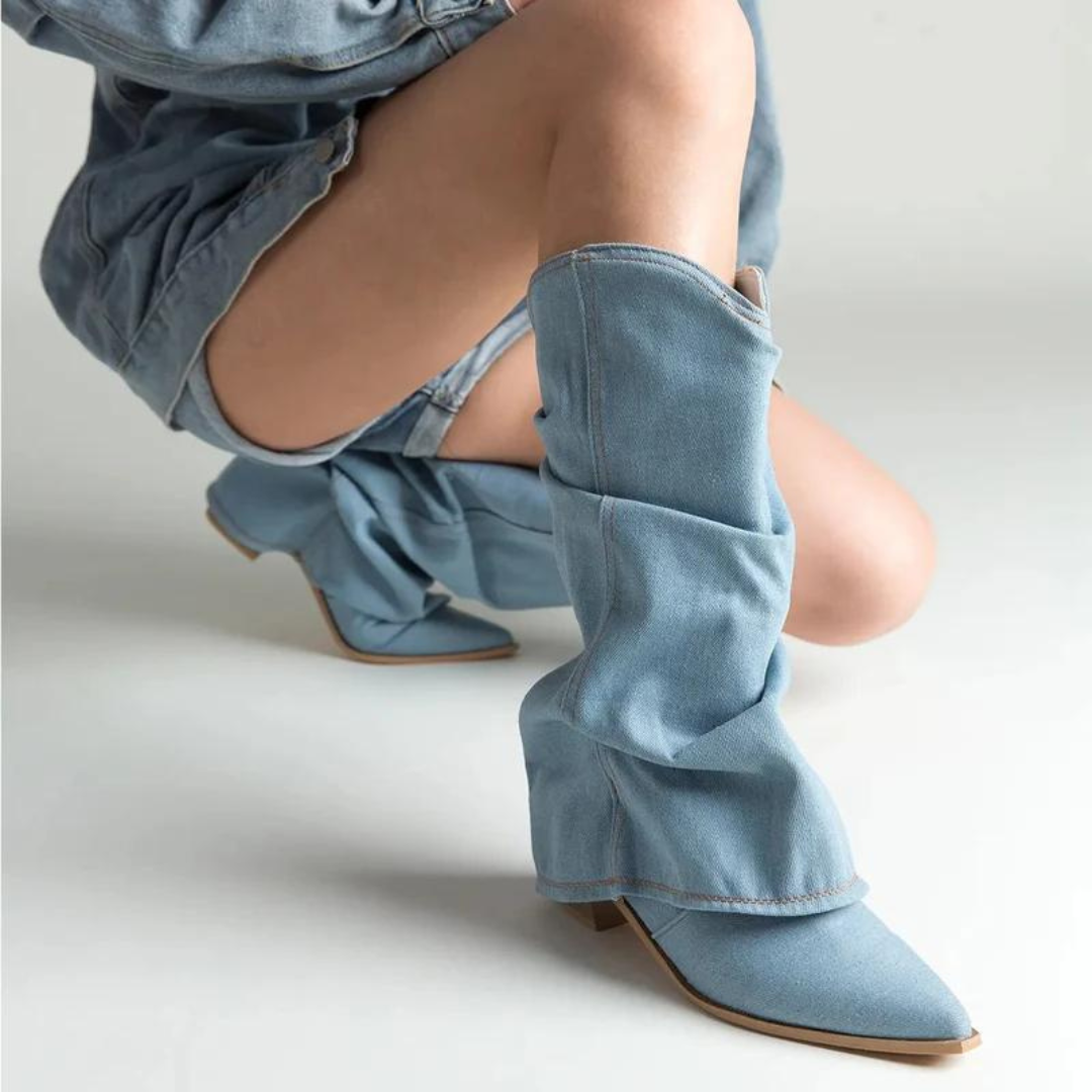 Naisten Denim Saappaat | Block Heels | Rento Western-Tyyli | Nilkkapituus ja Leveä Varsi