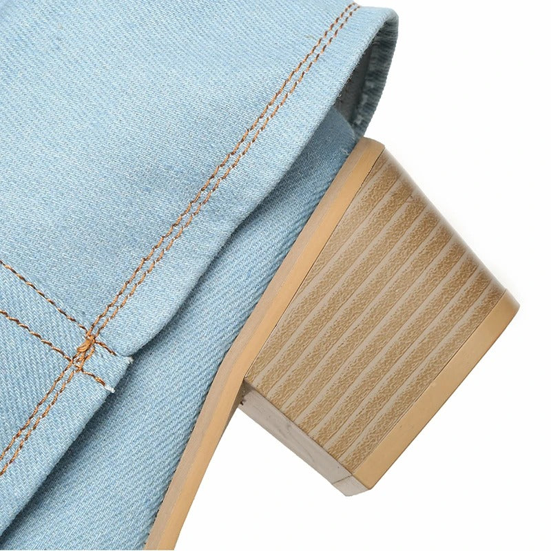 Naisten Denim Saappaat | Block Heels | Rento Western-Tyyli | Nilkkapituus ja Leveä Varsi