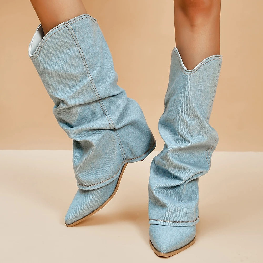 Naisten Denim Saappaat | Block Heels | Rento Western-Tyyli | Nilkkapituus ja Leveä Varsi