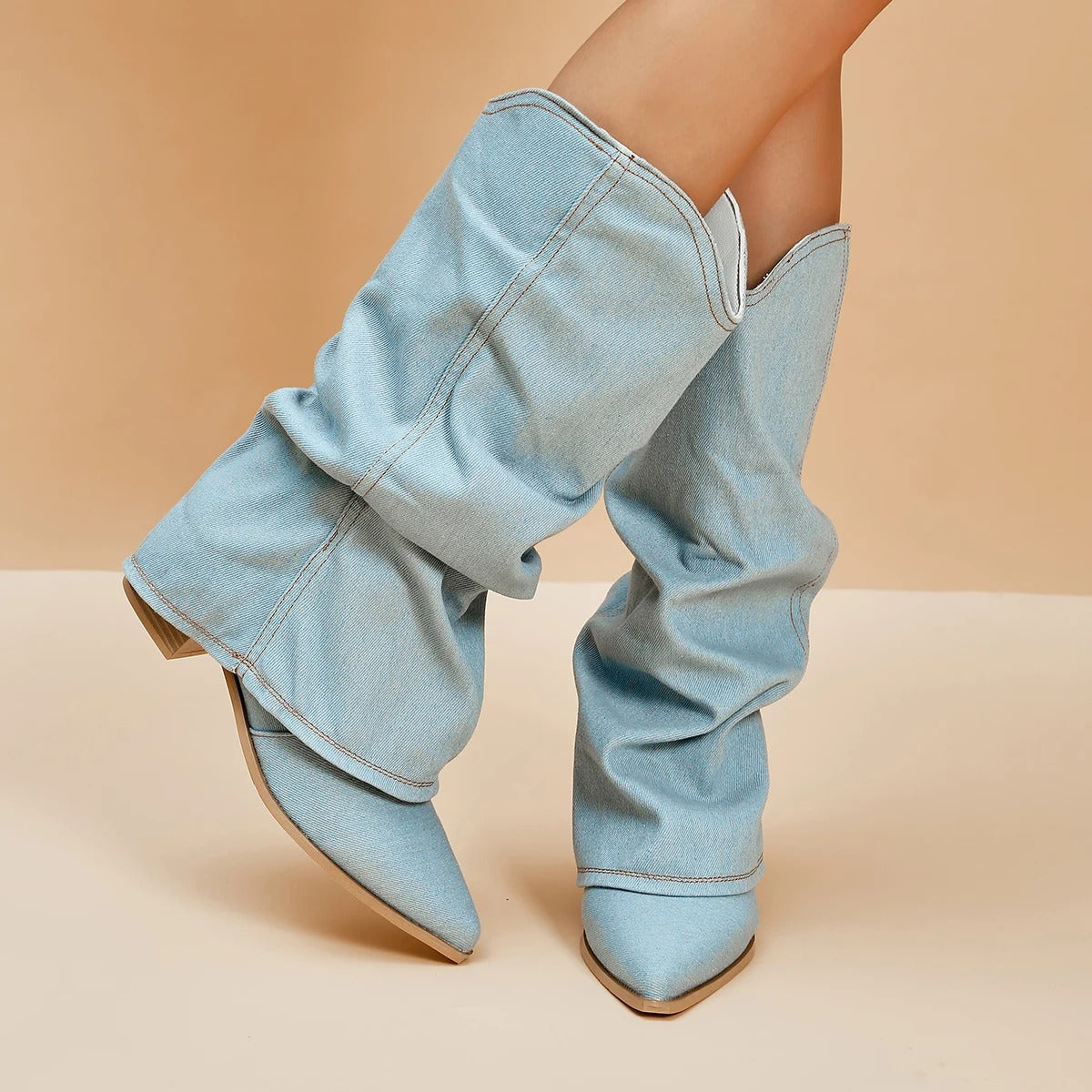 Naisten Denim Saappaat | Block Heels | Rento Western-Tyyli | Nilkkapituus ja Leveä Varsi