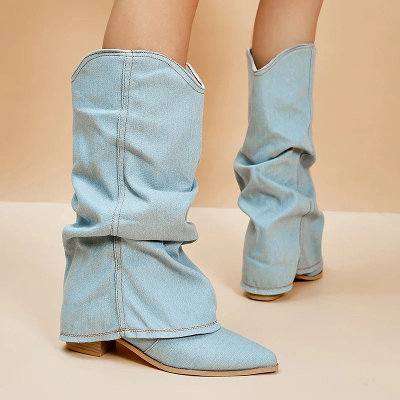 Naisten Denim Saappaat | Block Heels | Rento Western-Tyyli | Nilkkapituus ja Leveä Varsi