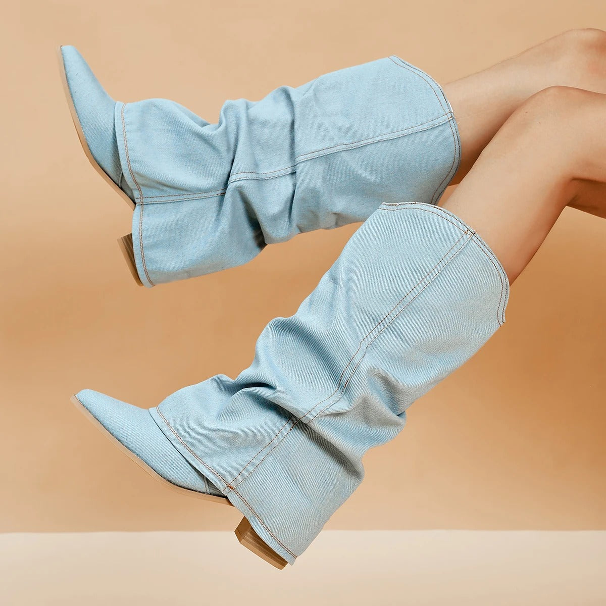 Naisten Denim Saappaat | Block Heels | Rento Western-Tyyli | Nilkkapituus ja Leveä Varsi