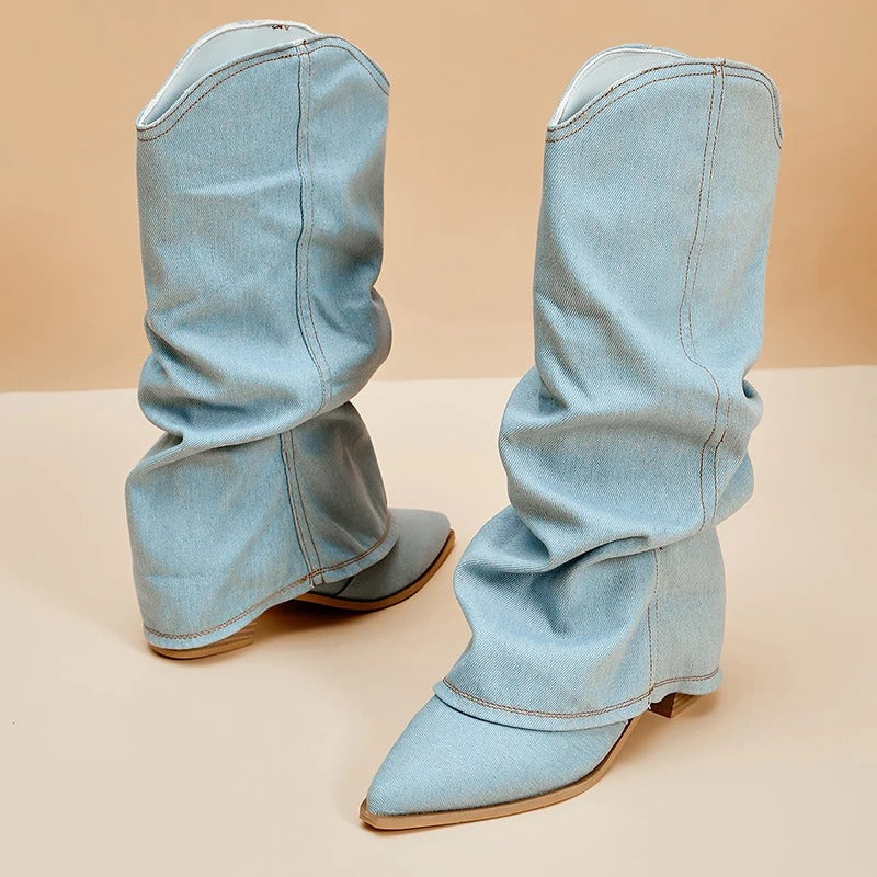 Naisten Denim Saappaat | Block Heels | Rento Western-Tyyli | Nilkkapituus ja Leveä Varsi