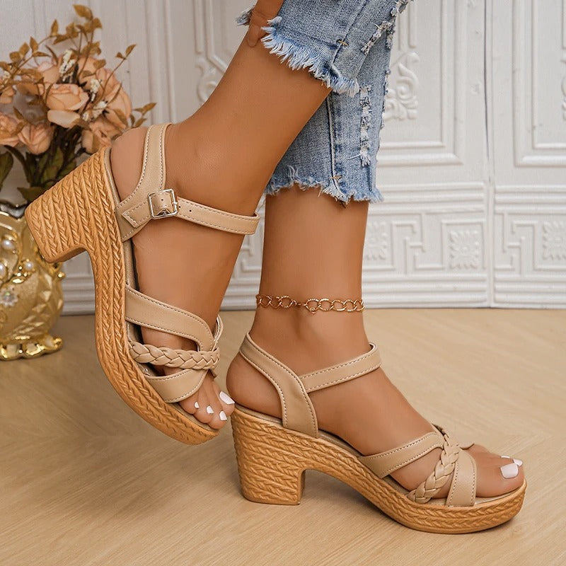 Naisten punottu Platform Chunky Heel Sandaalit