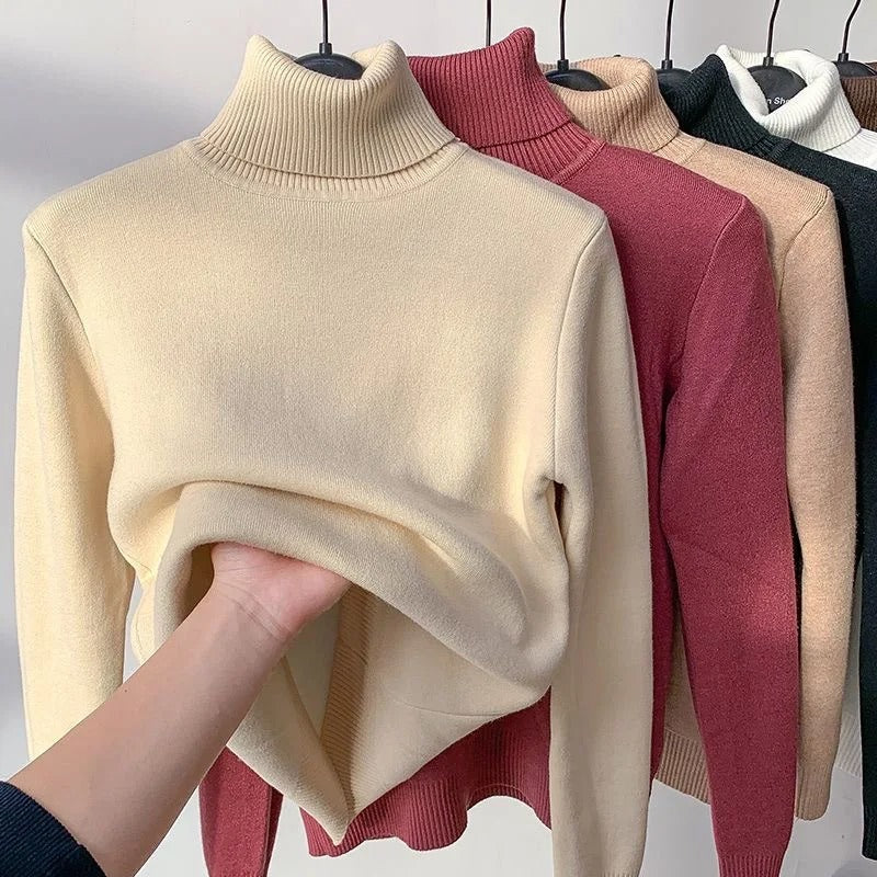 Naisten turtleneck samettivuorattu villapaita