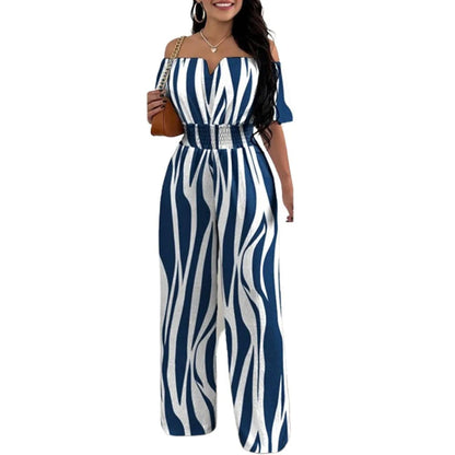 Muoti Tulosta Off-olkapää Smocked Vyötärö Jumpsuit