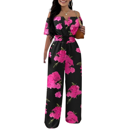 Muoti Tulosta Off-olkapää Smocked Vyötärö Jumpsuit