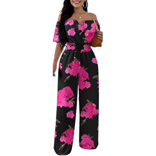 Muoti Tulosta Off-olkapää Smocked Vyötärö Jumpsuit
