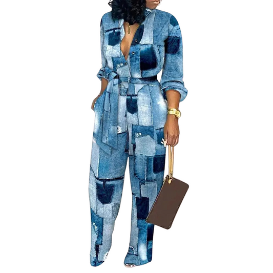 Muoti Tulostaa V-kaula Korkea Vyötärö Jumpsuit