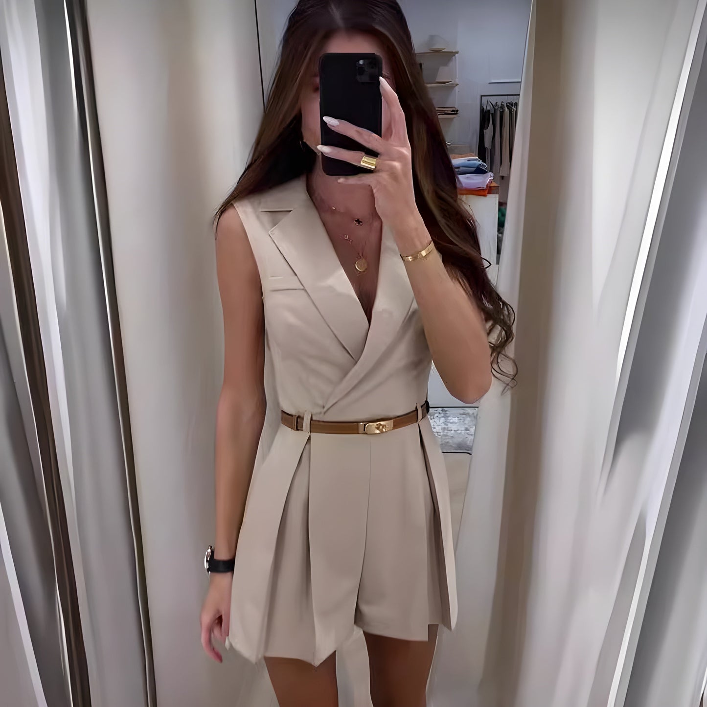 Naisille Hihaton Jumpsuit V-kaula Tyylikäs Korkealaatuinen Kangas