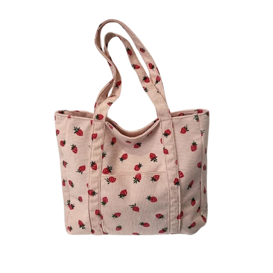 Naisten Corduroy Strawberry Print olkalaukku