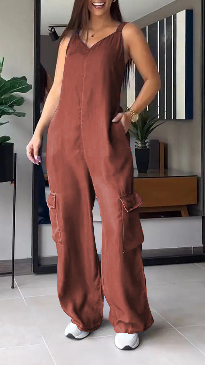 Naisten Denim Jumpsuit V-halkio ja Avonaiset Olkaimet