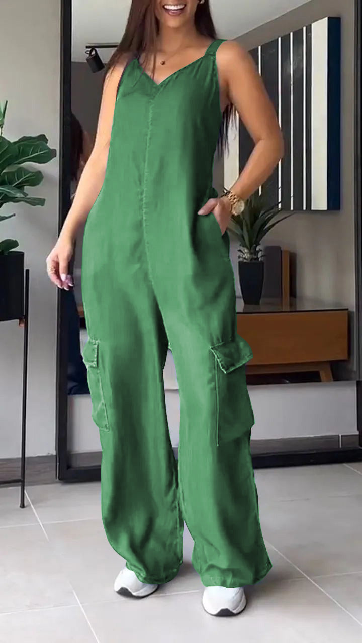 Naisten Denim Jumpsuit V-halkio ja Avonaiset Olkaimet