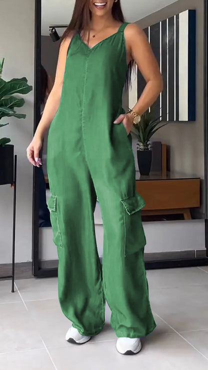 Naisten Denim Jumpsuit V-halkio ja Avonaiset Olkaimet