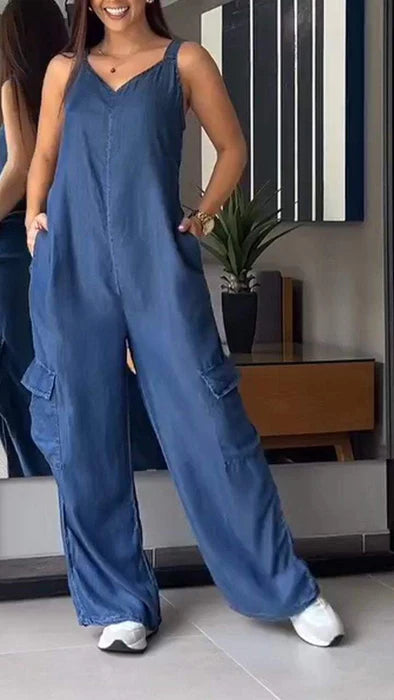 Naisten Denim Jumpsuit V-halkio ja Avonaiset Olkaimet