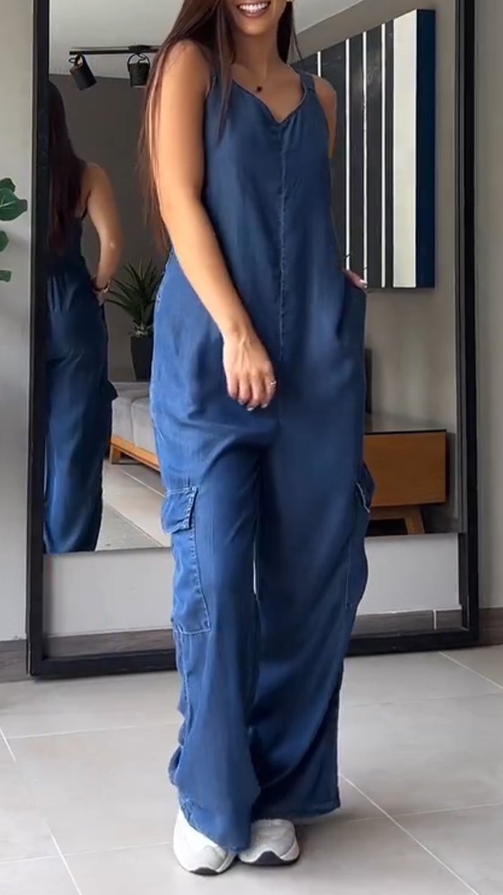 Naisten Denim Jumpsuit V-halkio ja Avonaiset Olkaimet