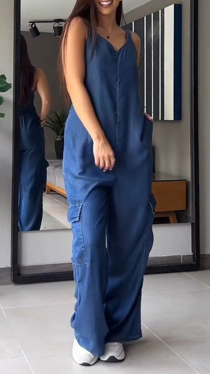 Naisten Denim Jumpsuit V-halkio ja Avonaiset Olkaimet