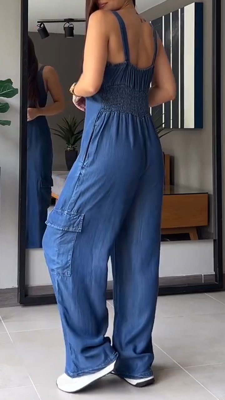 Naisten Denim Jumpsuit V-halkio ja Avonaiset Olkaimet