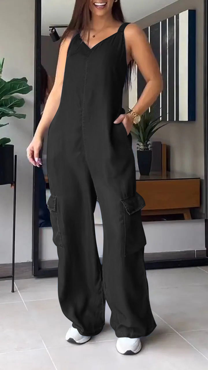Naisten Denim Jumpsuit V-halkio ja Avonaiset Olkaimet