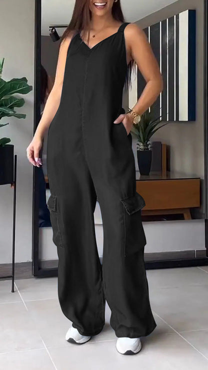 Naisten Denim Jumpsuit V-halkio ja Avonaiset Olkaimet