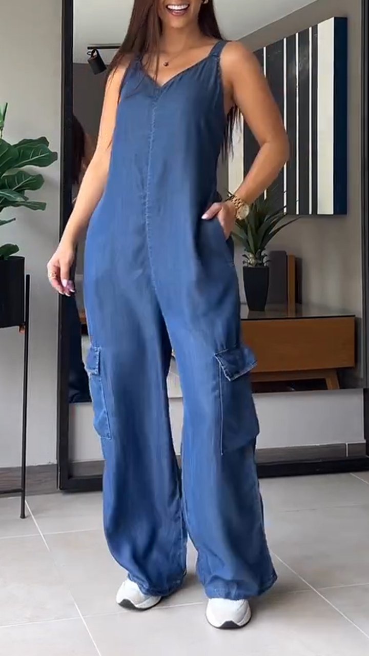 Naisten Denim Jumpsuit V-halkio ja Avonaiset Olkaimet