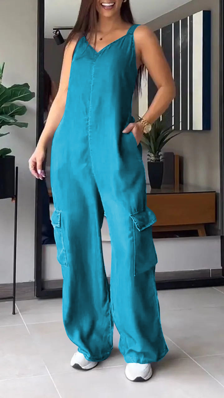 Naisten Denim Jumpsuit V-halkio ja Avonaiset Olkaimet