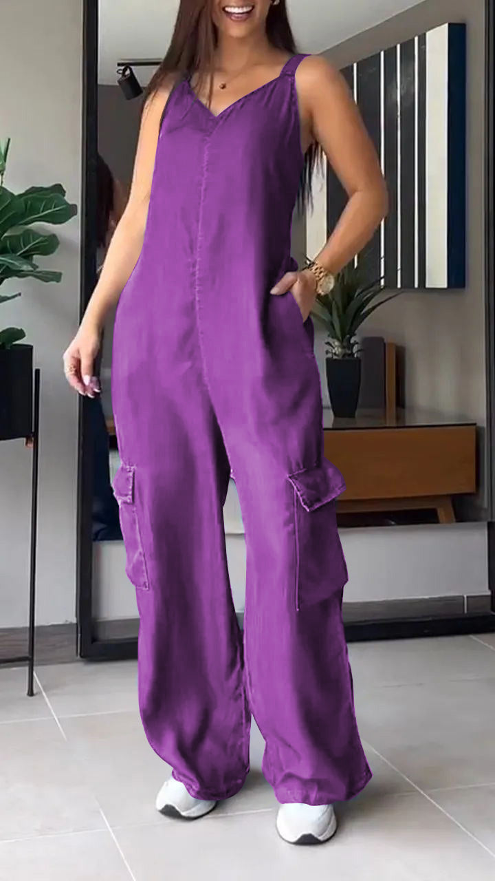 Naisten Denim Jumpsuit V-halkio ja Avonaiset Olkaimet