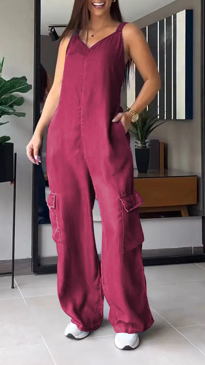 Naisten Denim Jumpsuit V-halkio ja Avonaiset Olkaimet