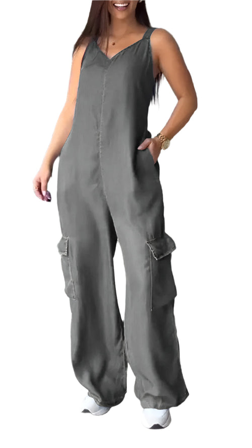 Naisten Denim Jumpsuit V-halkio ja Avonaiset Olkaimet