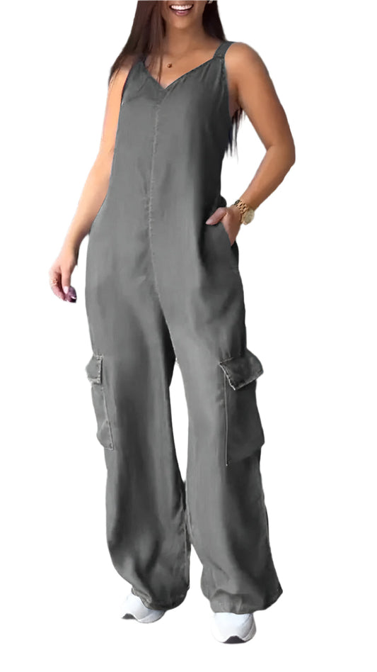Naisten Denim Jumpsuit V-halkio ja Avonaiset Olkaimet
