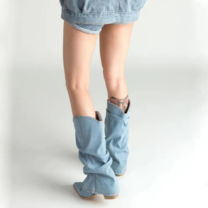 Naisten Denim Saappaat | Block Heels | Rento Western-Tyyli | Nilkkapituus ja Leveä Varsi