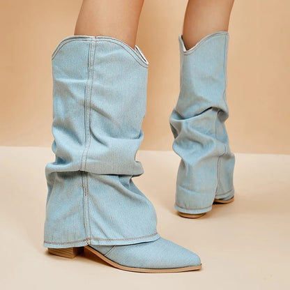 Naisten Denim Saappaat | Block Heels | Rento Western-Tyyli | Nilkkapituus ja Leveä Varsi