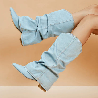 Naisten Denim Saappaat | Block Heels | Rento Western-Tyyli | Nilkkapituus ja Leveä Varsi