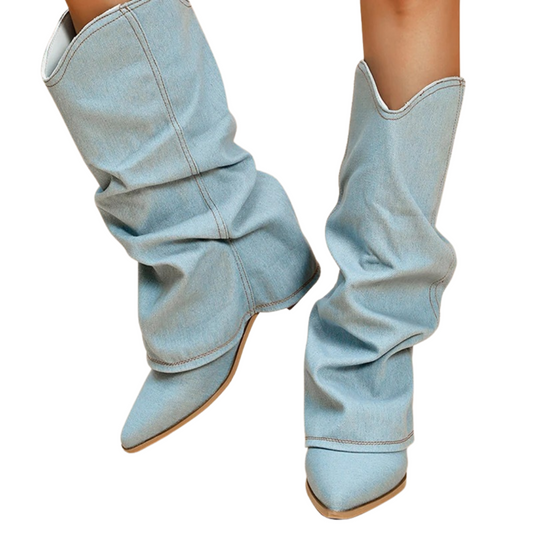 Naisten Denim Saappaat | Block Heels | Rento Western-Tyyli | Nilkkapituus ja Leveä Varsi