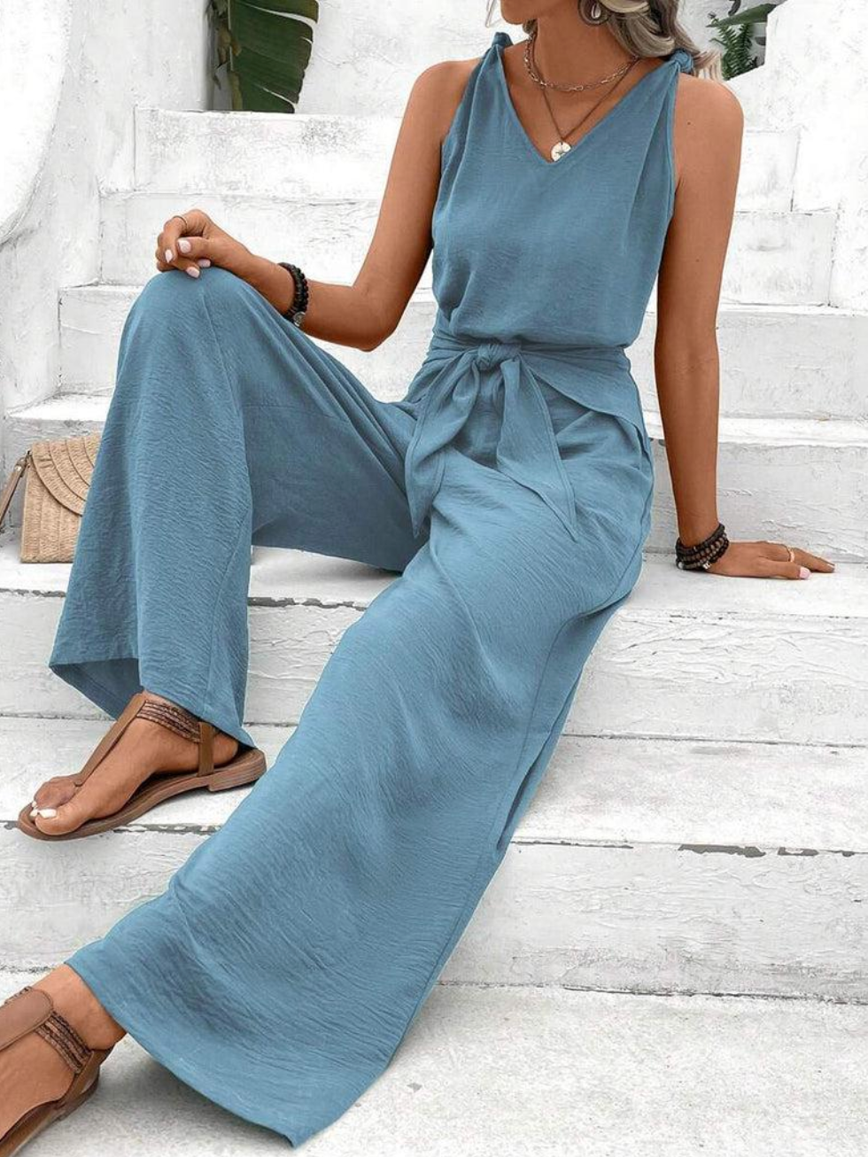 Naisten Jumpsuit Hihaton V-kaula Leveät Housut Pehmeä Polyesteri
