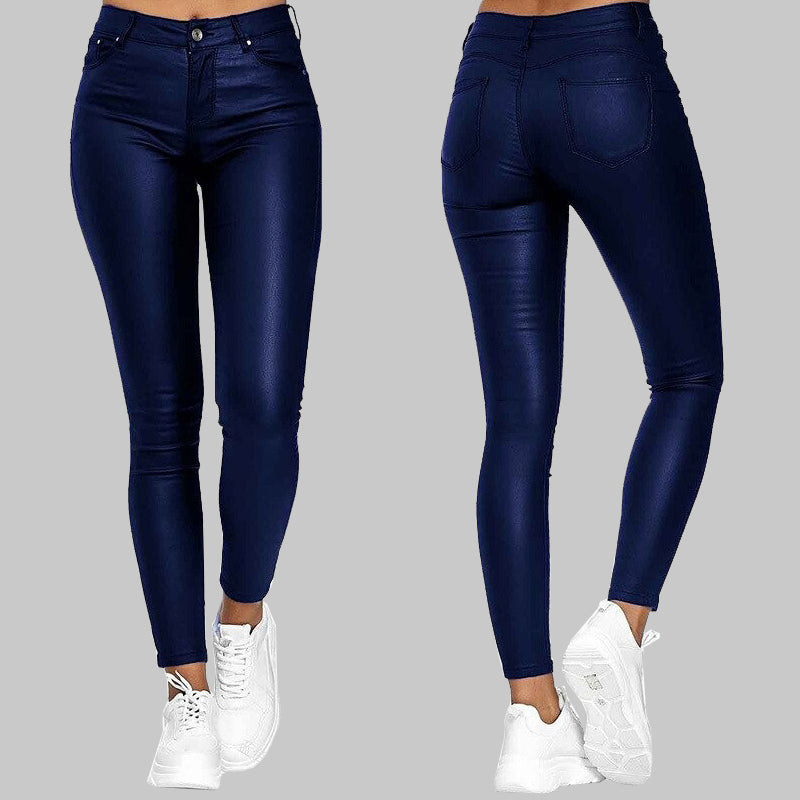 Naisten Keinotekoiset Nahkahousut Korkea Vyötärö Slim Fit PU-Nahka