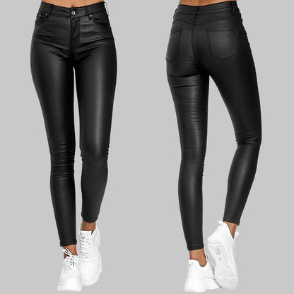 Naisten Keinotekoiset Nahkahousut Korkea Vyötärö Slim Fit PU-Nahka