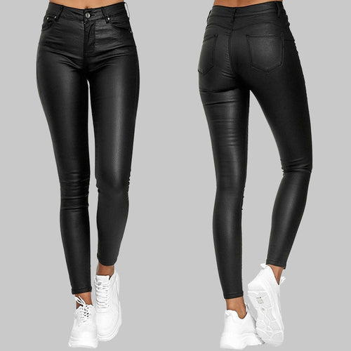 Naisten Keinotekoiset Nahkahousut Korkea Vyötärö Slim Fit PU-Nahka