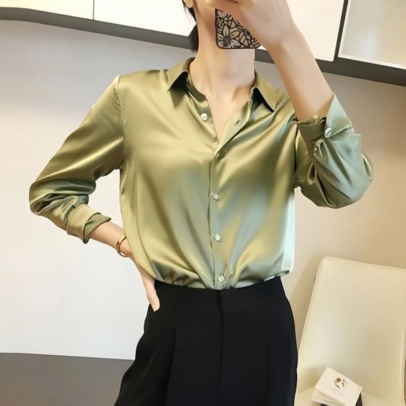 Naisten Lapel Button Silkki Pusero