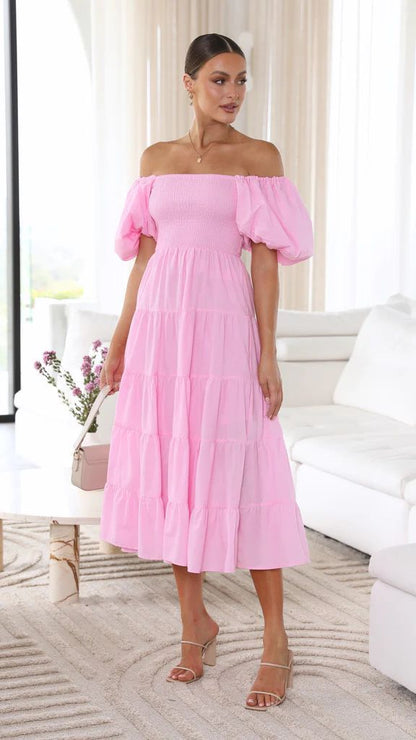 Naisten Midi Mekko Off-Shoulder Röyhelöillä Pehmeä Kangas