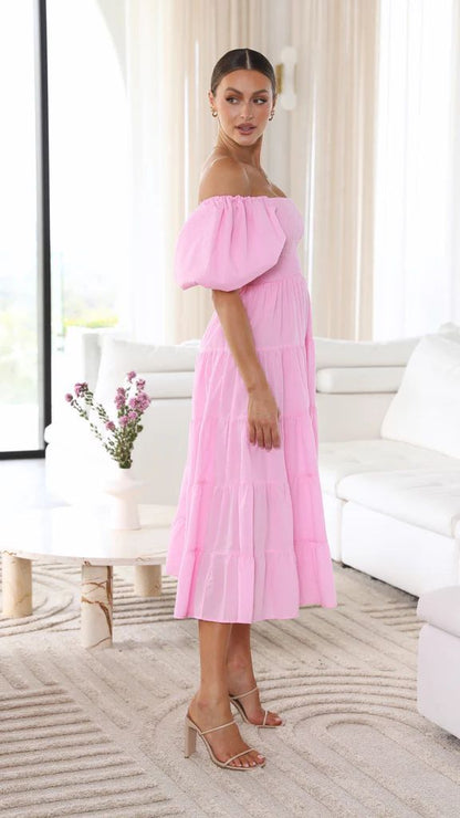 Naisten Midi Mekko Off-Shoulder Röyhelöillä Pehmeä Kangas