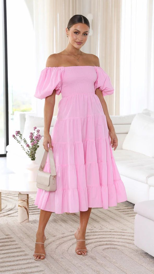 Naisten Midi Mekko Off-Shoulder Röyhelöillä Pehmeä Kangas