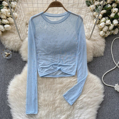Naisten Rhinestone Mesh pitkähihainen crop-toppi
