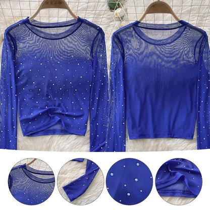 Naisten Rhinestone Mesh pitkähihainen crop-toppi