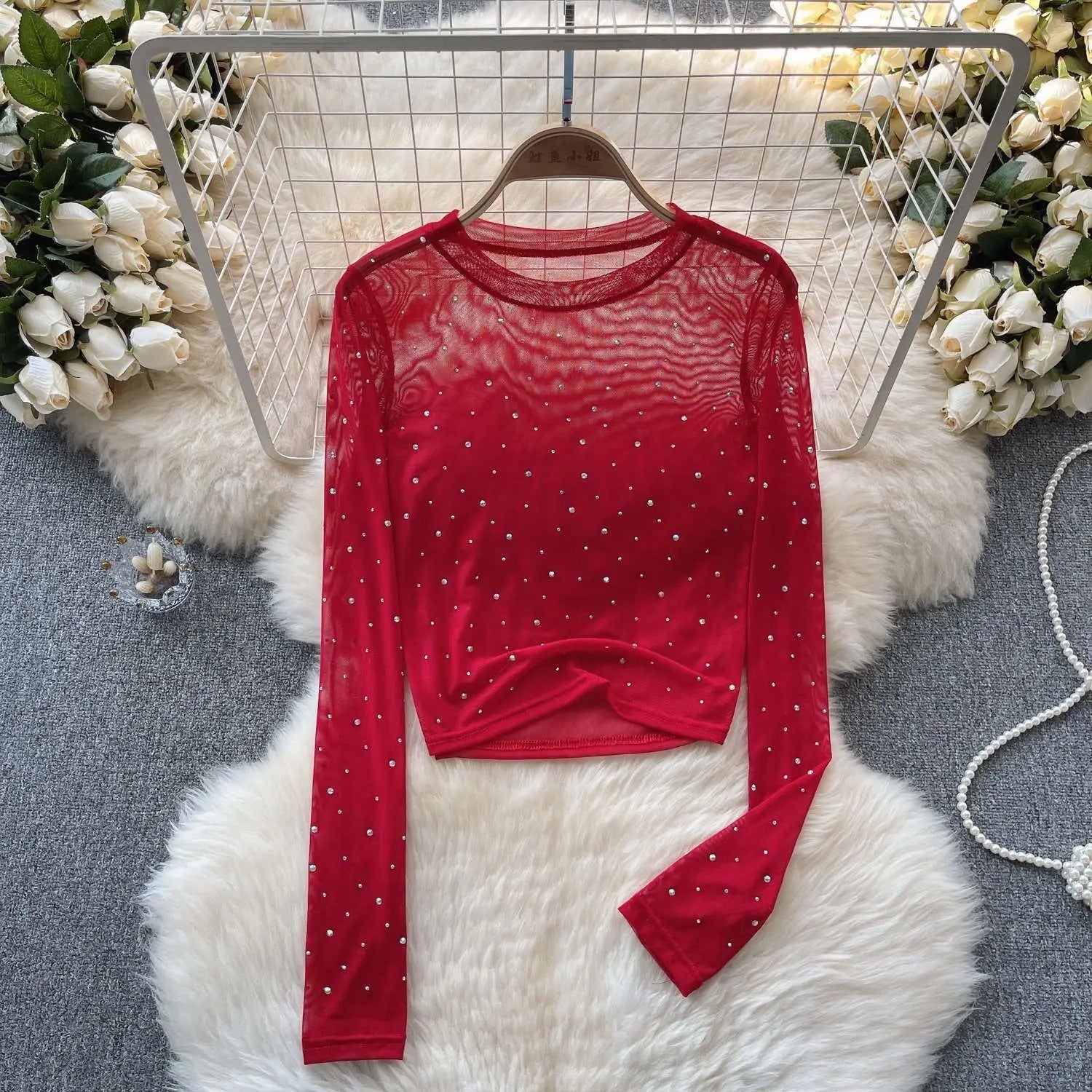 Naisten Rhinestone Mesh pitkähihainen crop-toppi