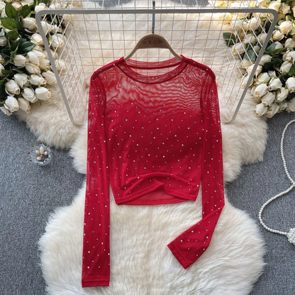 Naisten Rhinestone Mesh pitkähihainen crop-toppi